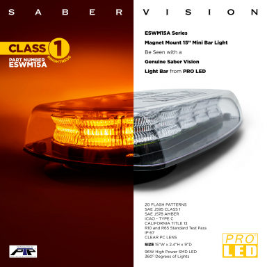 Saber Vision 15" Class 1 Amber Mini Light Bar, Magnet Mount