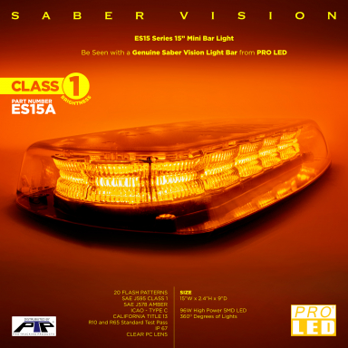 Saber Vision 15" Class 1 Mini Light Bar, Clear Lens, Amber LEDs, Permanent Mount